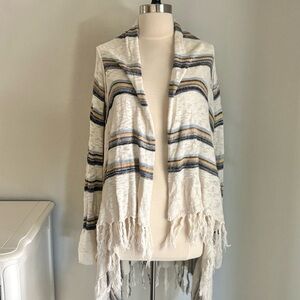 Off-White Open Front Striped Knit Fringe Hem Boho Cardigan Sweater. Large